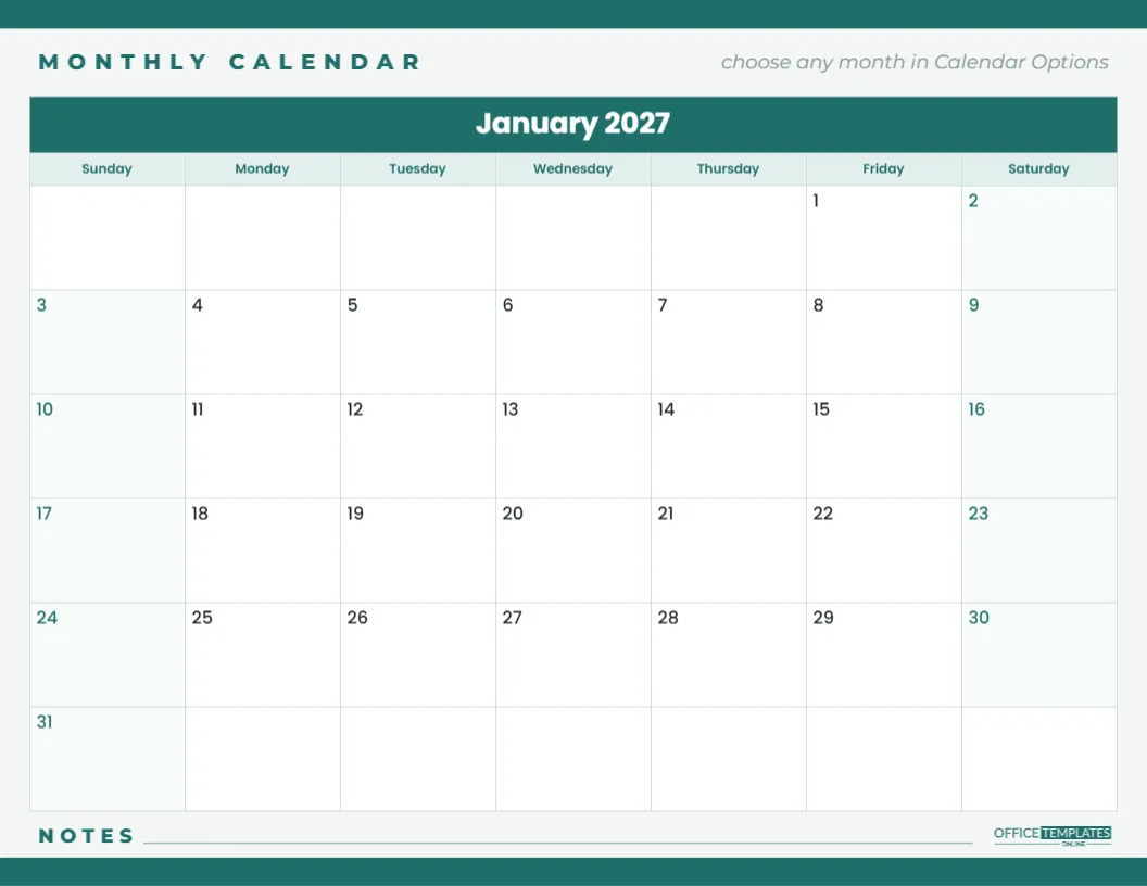 Printable Monthly Calendar for Any Month – Big Writable Squares