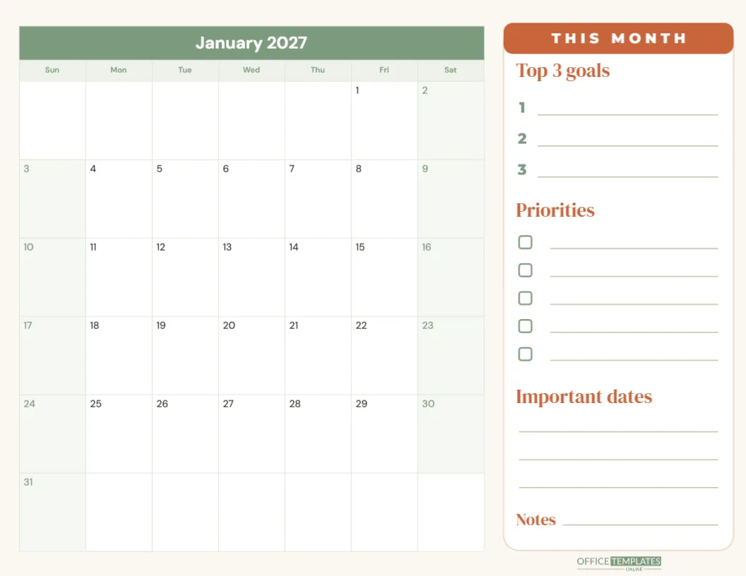 Monthly Planner Calendar with Goals, Priorities and Notes