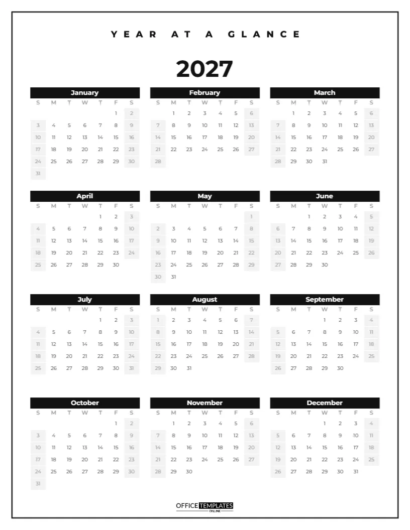 Year at a Glance Calendar 2027 – Minimal One-Page Printable