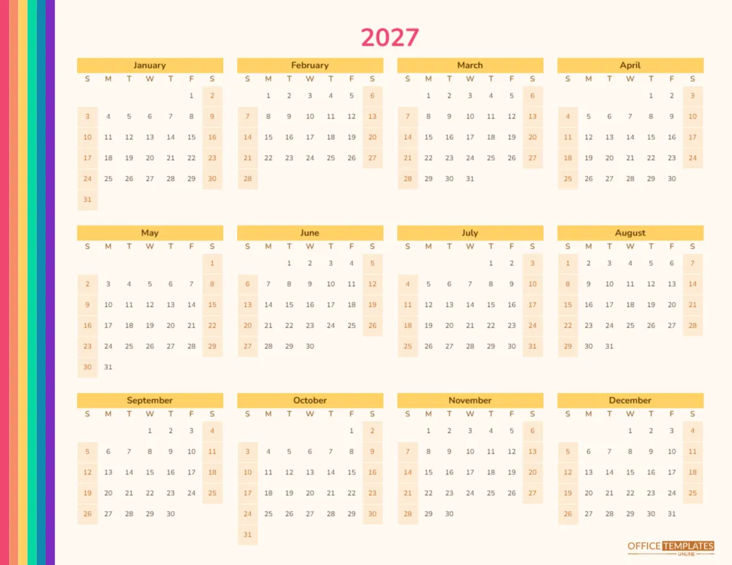 Colourful Year Calendar 2027 with a Rainbow Edge