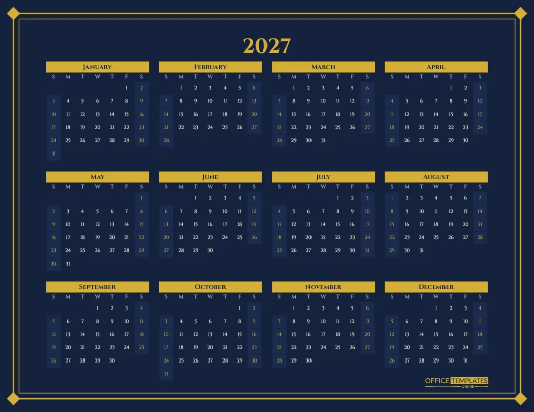 Navy and Gold Year Calendar 2027 – Elegant One-Page Wall Planner