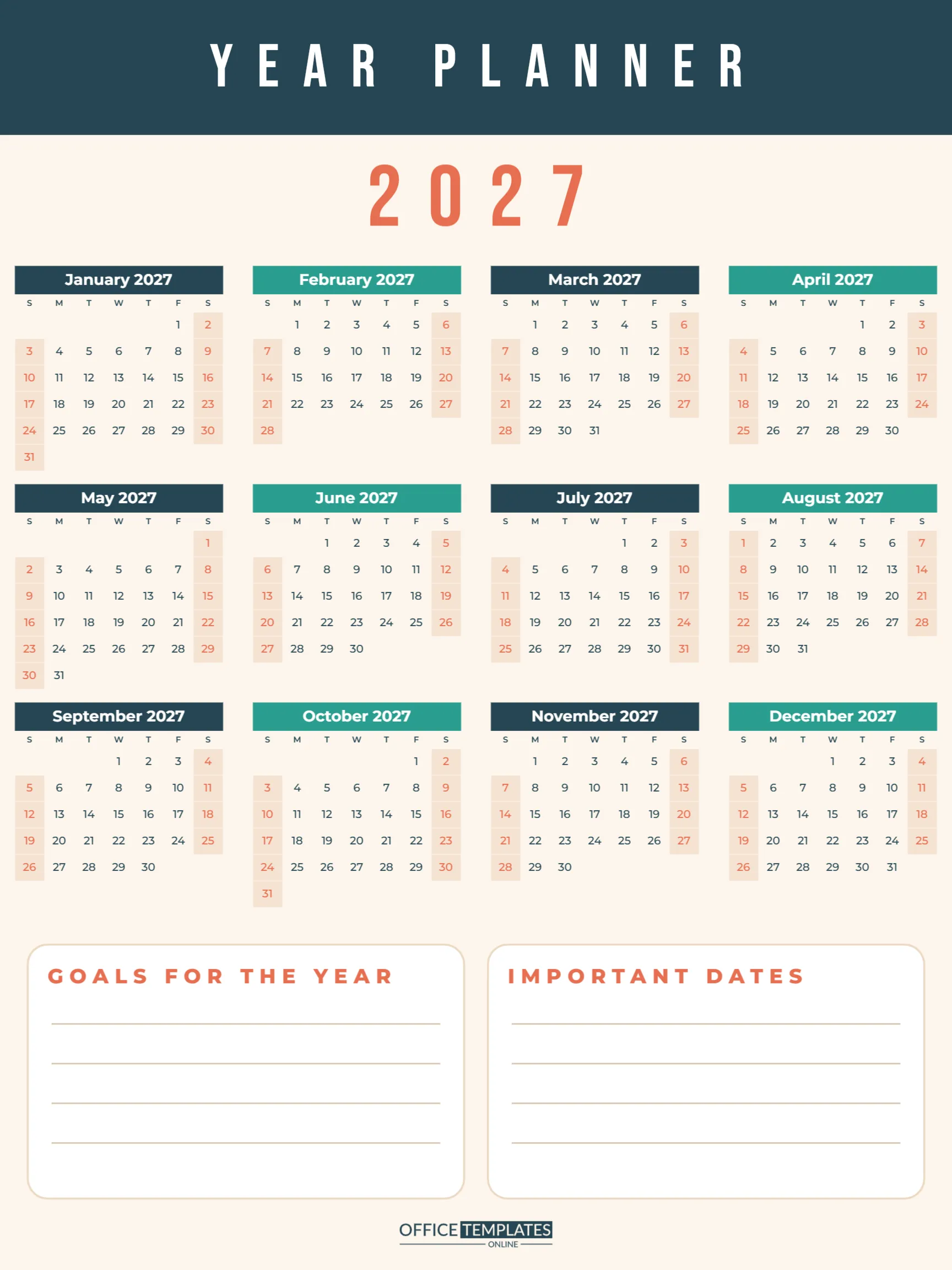 Year Planner Wall Poster 2027 (18 x 24 in) with Goals and Important Dates