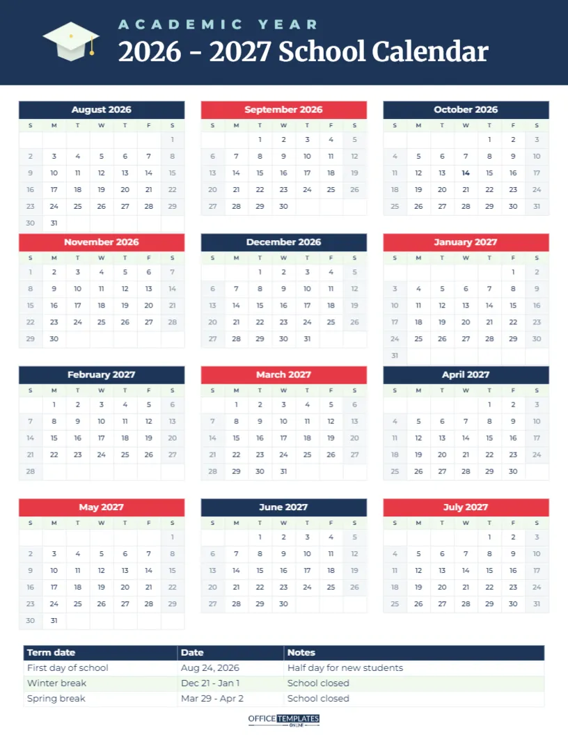 Academic School Year Calendar 2026–2027 (August to July)