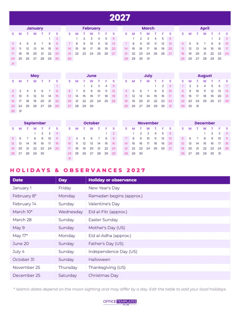Year Calendar 2027 with Holidays and Observances Table