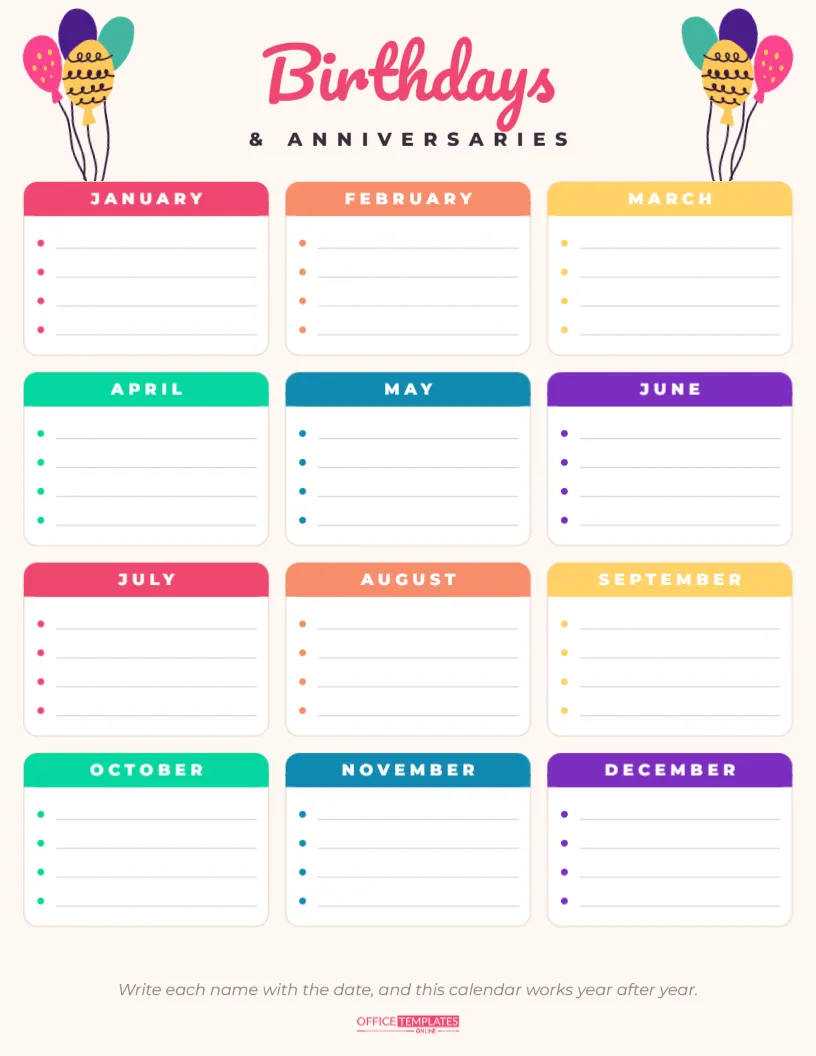 Perpetual Birthday and Anniversary Calendar – Undated, Use Every Year