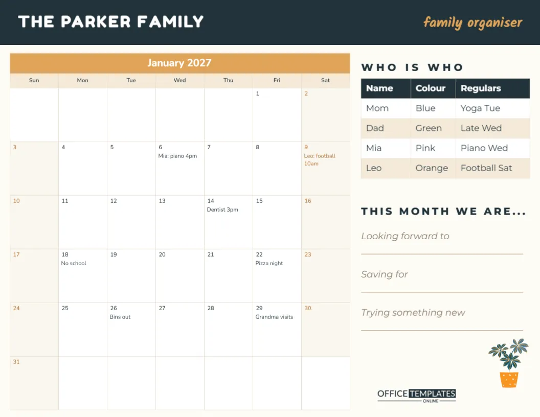 Family Organiser Calendar with Typed Events and a Who’s Who Key