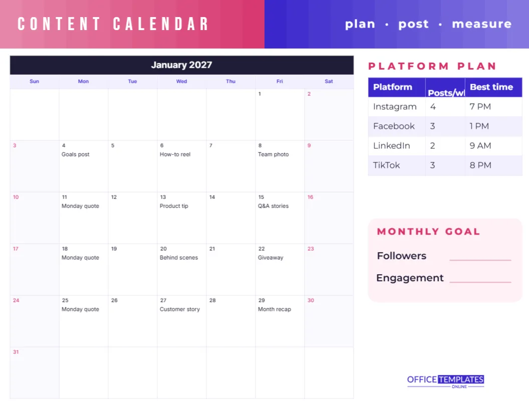 Social Media Content Calendar Template with Platform Plan