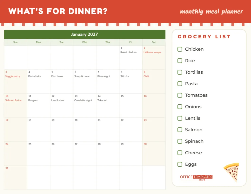 Monthly Meal Planner Calendar with Grocery List – What’s for Dinner?