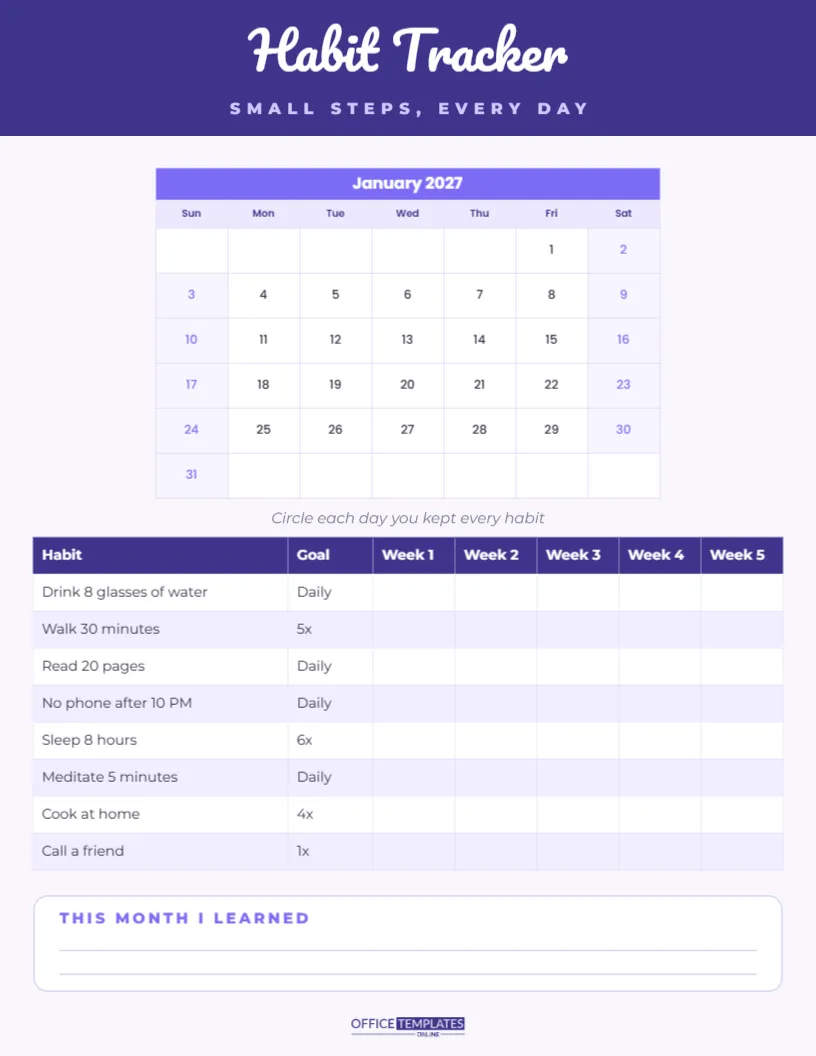 Monthly Habit Tracker Calendar with Weekly Habit Table