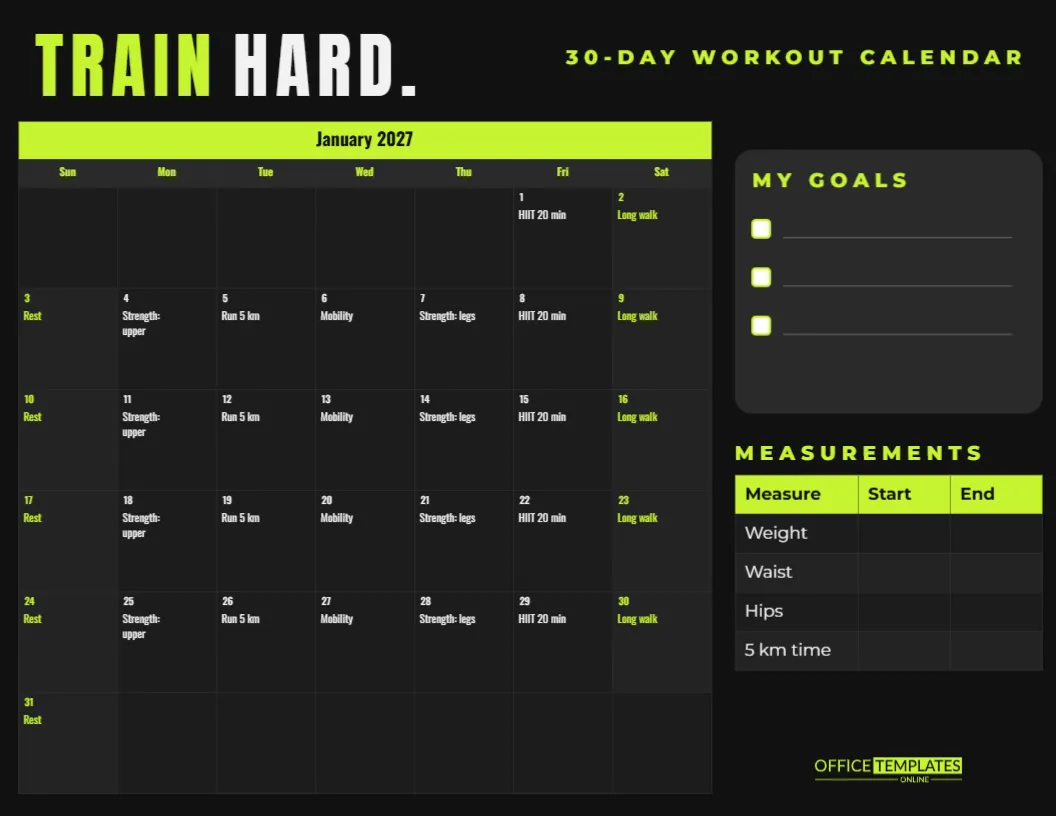 30-Day Fitness Workout Calendar with a Weekly Training Split