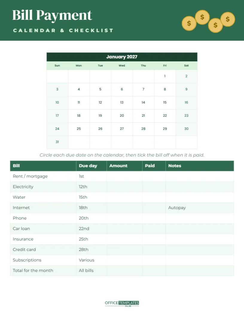 Monthly Bill Payment Calendar and Checklist Template – free editable Calendar template