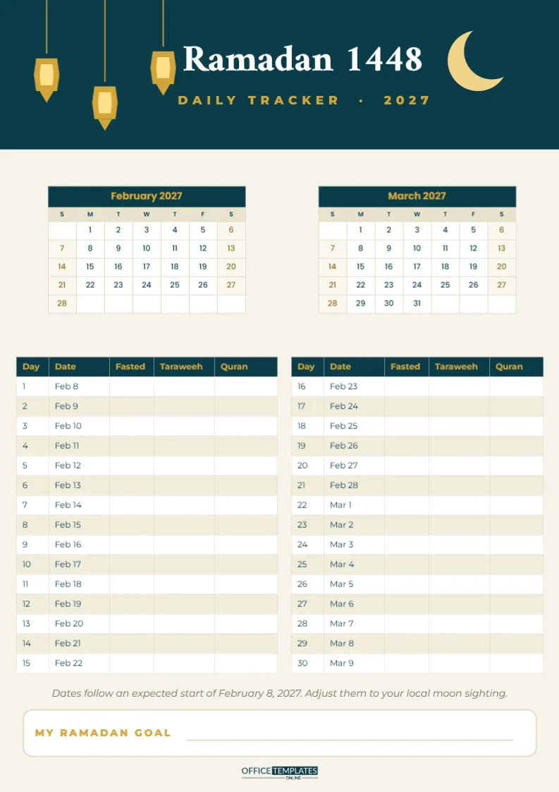 Ramadan Calendar 2027 with Daily Fasting, Taraweeh and Quran Tracker