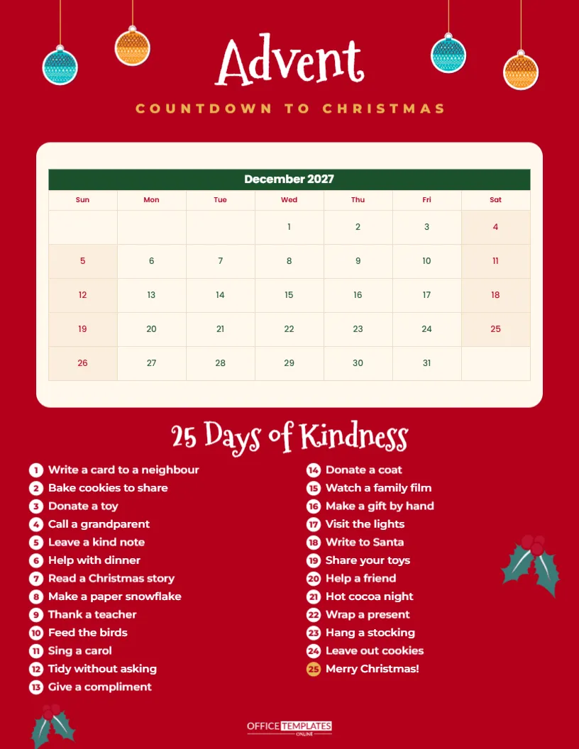 Christmas Advent Countdown Calendar with 25 Days of Kindness – free editable Calendar template
