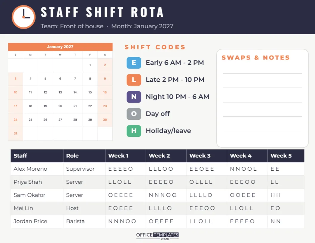 Staff Shift Rota Calendar with Shift Codes and a Weekly Schedule Table – free editable Calendar template