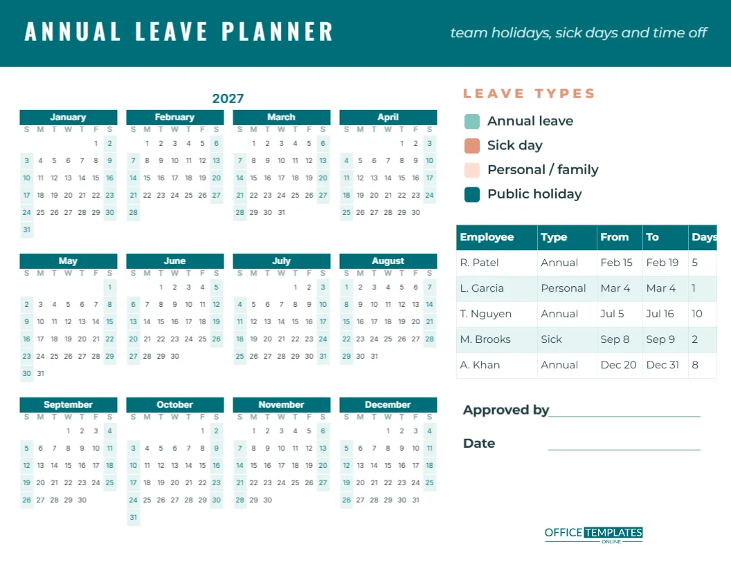 Employee Leave and Vacation Calendar 2027 – Annual Leave Planner – free editable Calendar template