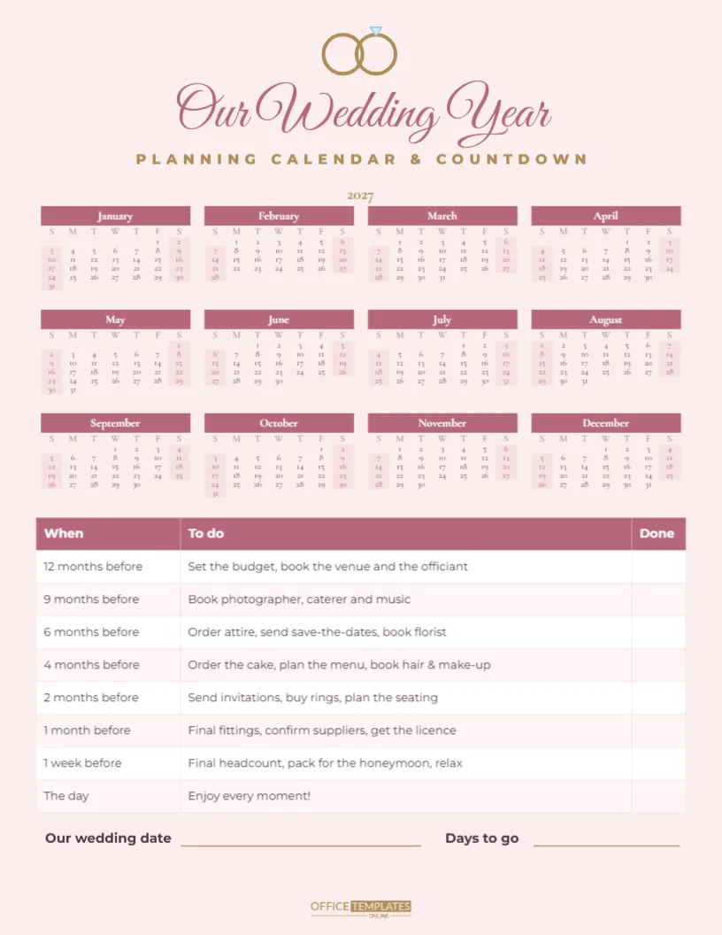 Wedding Planning Calendar and 12-Month Countdown Checklist