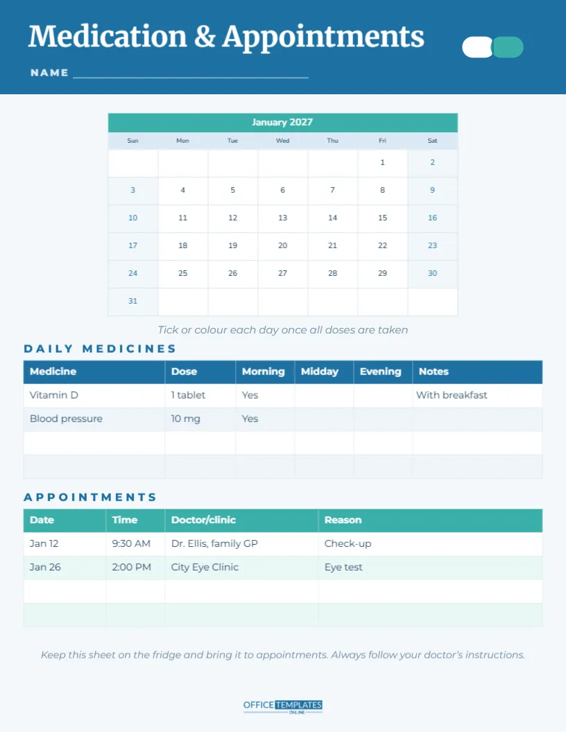 Medication and Doctor Appointment Calendar – Monthly Dose Tracker