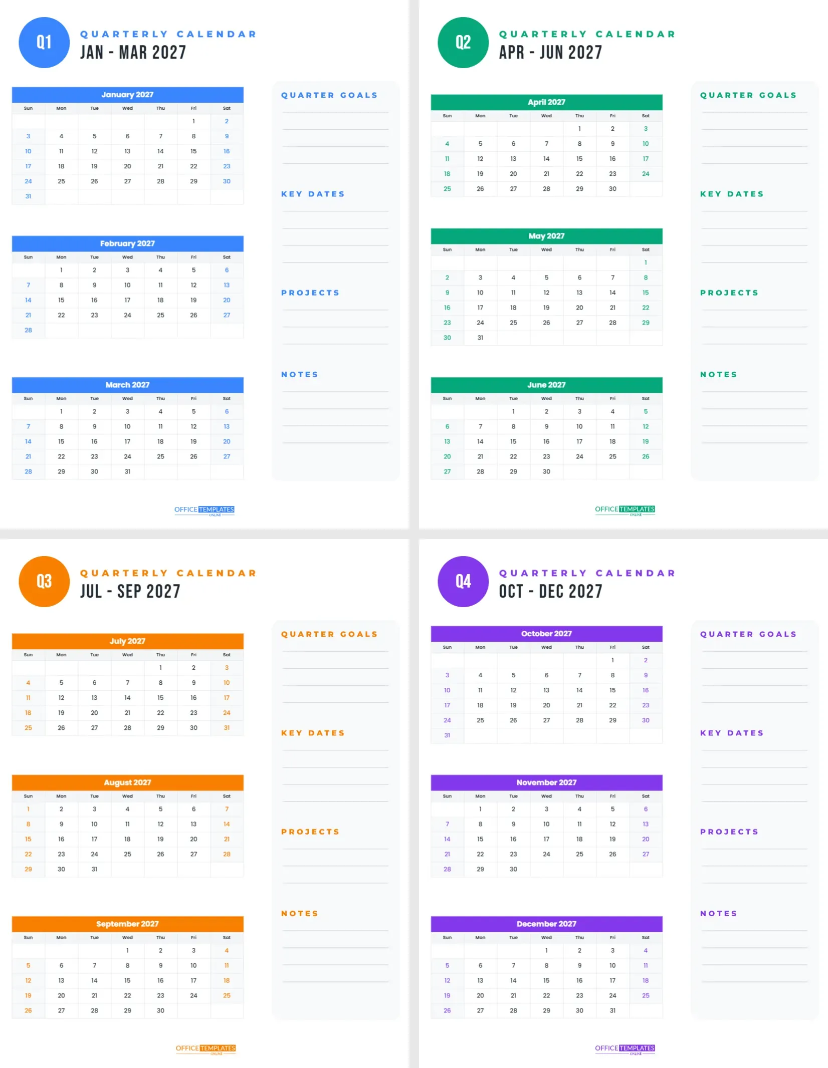 Quarterly Calendar 2027 – Three Months per Page with Goals Column