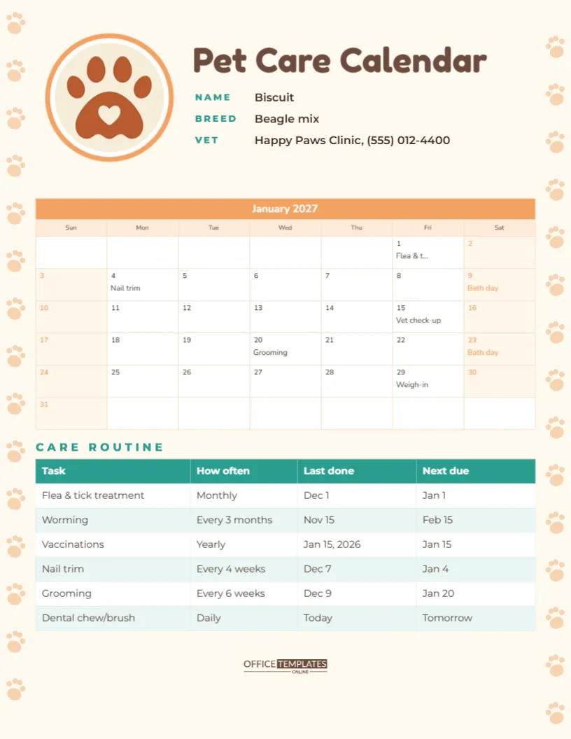 Pet Care Calendar with Photo, Monthly Reminders and Care Routine Table