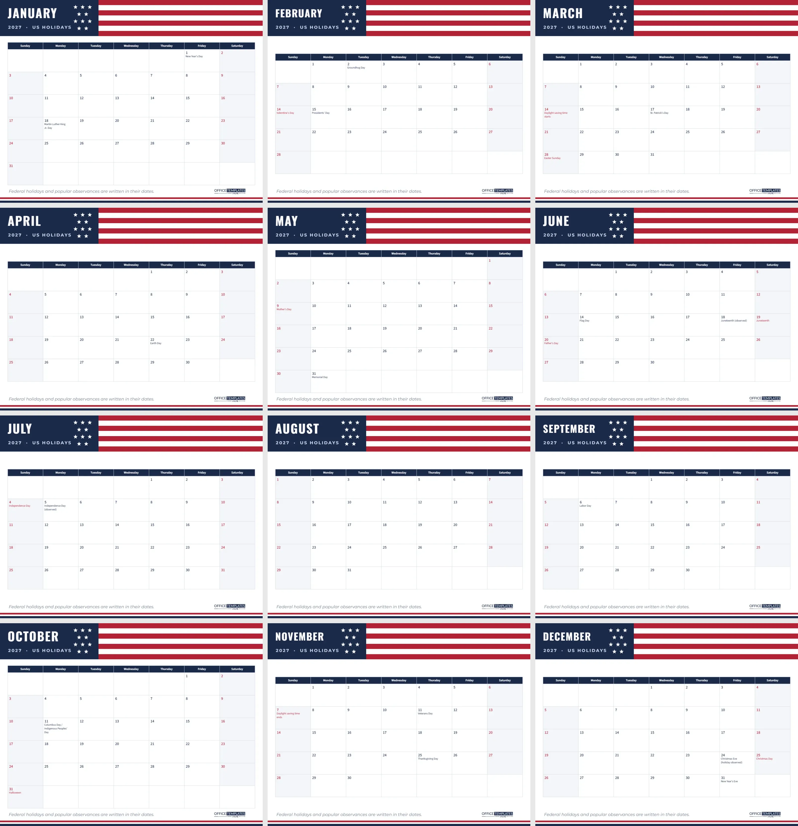 2027 Calendar with US Holidays – 12 Printable Monthly Pages