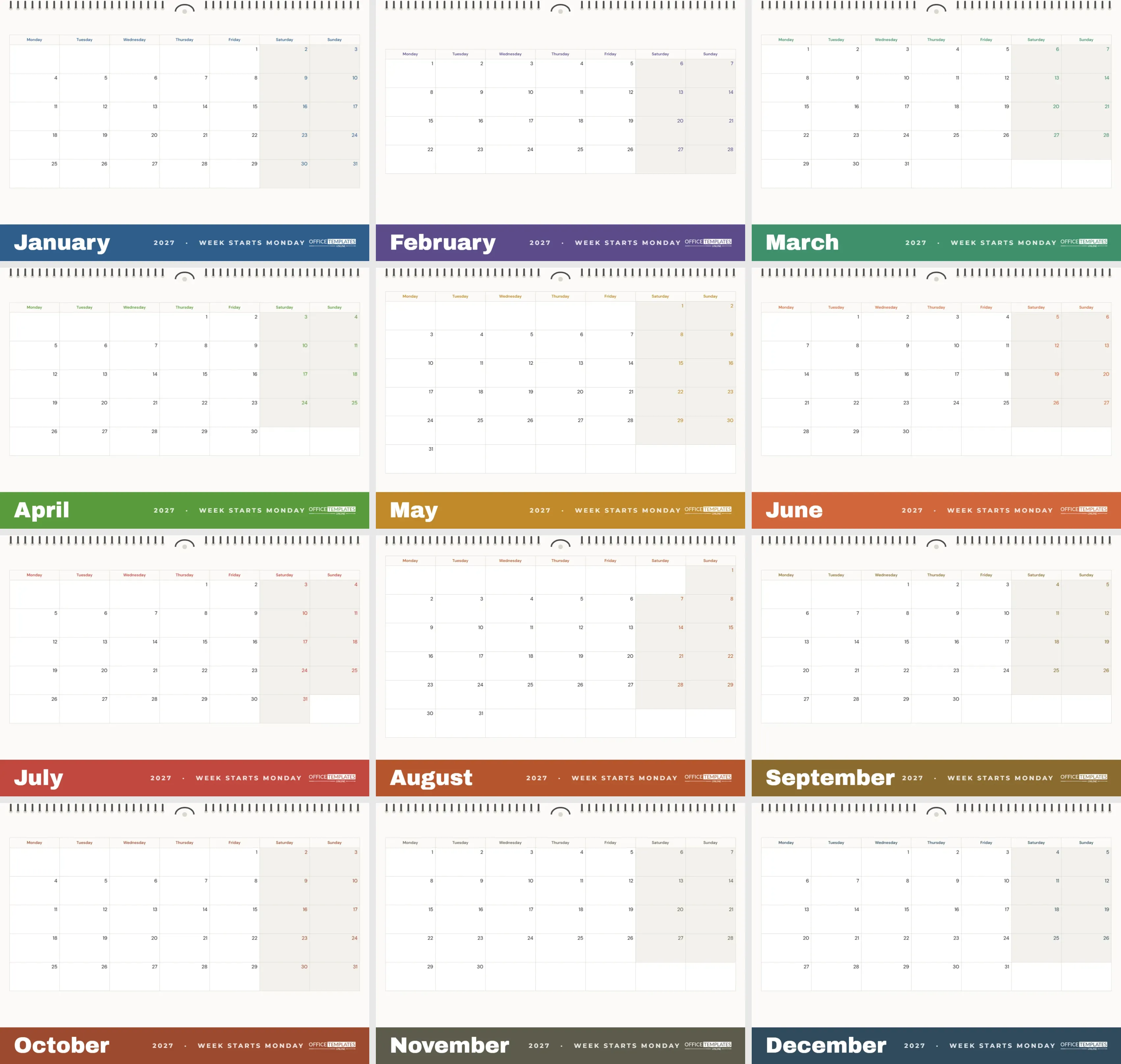 Monday Start Calendar 2027 – A4 Landscape Wall Calendar – free editable Calendar template