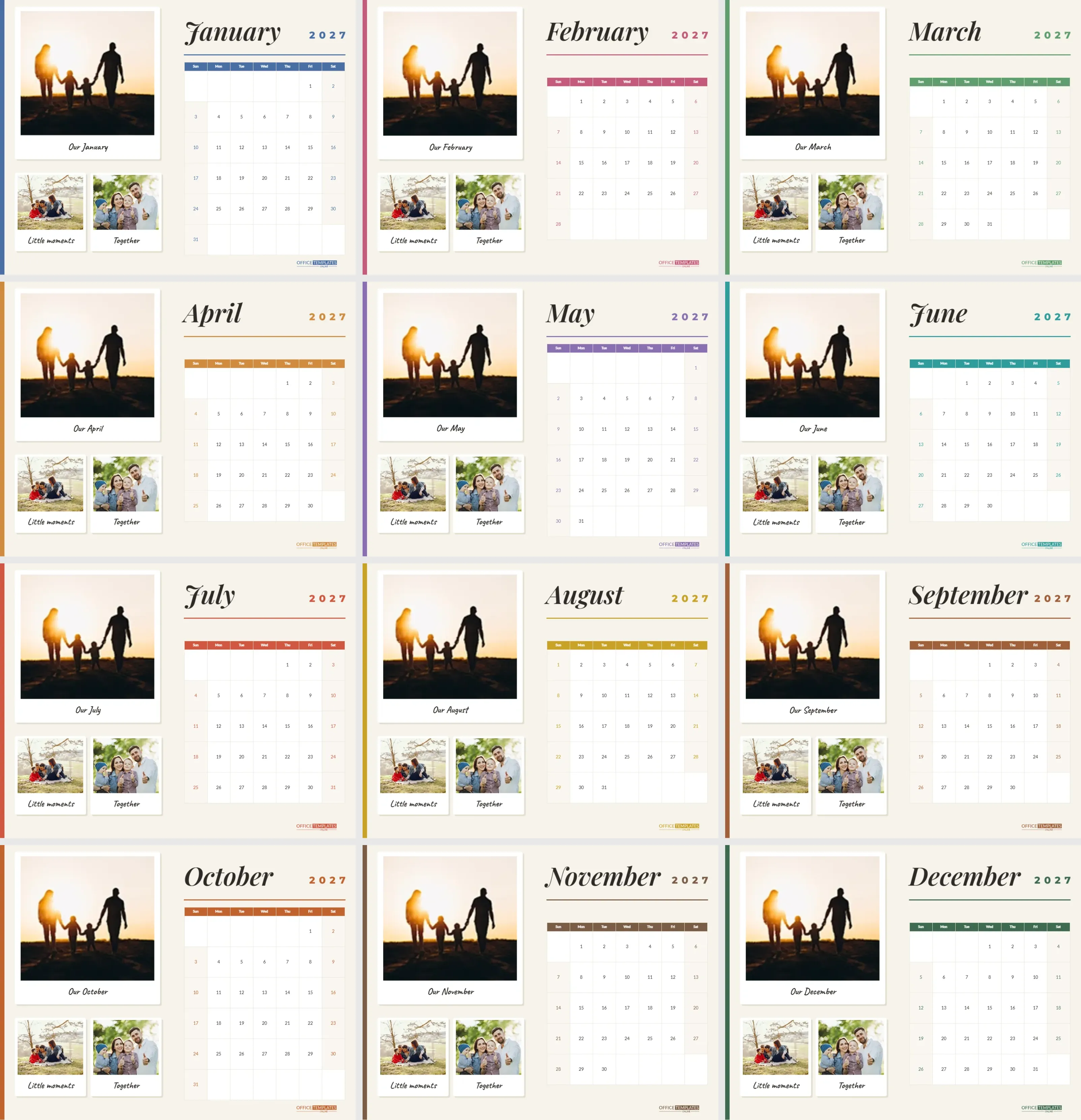 Family Photo Collage Calendar 2027 with Three Pictures per Month – free editable Calendar template