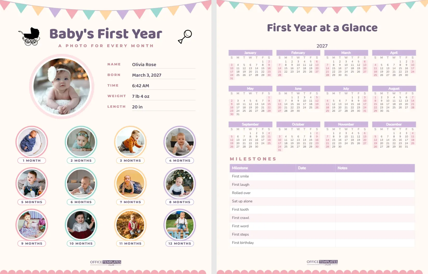Baby’s First Year Milestone Calendar with Monthly Photo Circles – free editable Calendar template