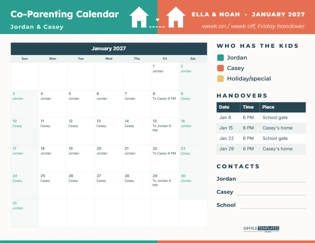 Co-Parenting Custody Calendar with Handover Schedule – free editable Calendar template