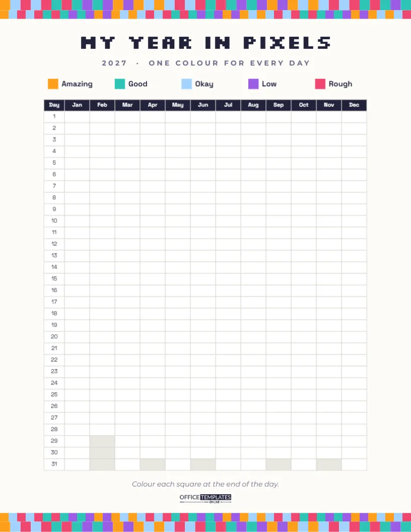 Year in Pixels 2027 – Printable Mood Tracker Calendar