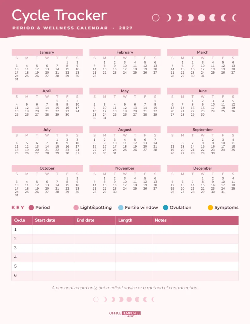 Period and Cycle Tracker Calendar 2027 with Cycle Log – free editable Calendar template