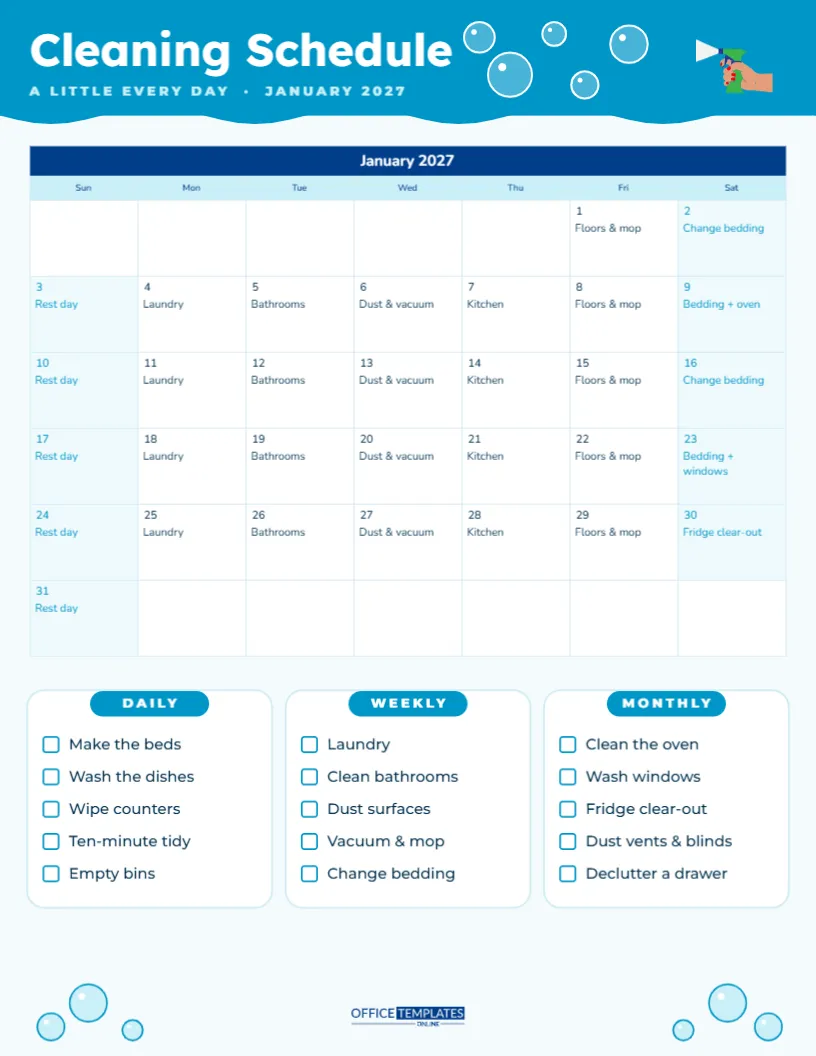 Cleaning Schedule Calendar with Daily, Weekly and Monthly Checklists – free editable Calendar template