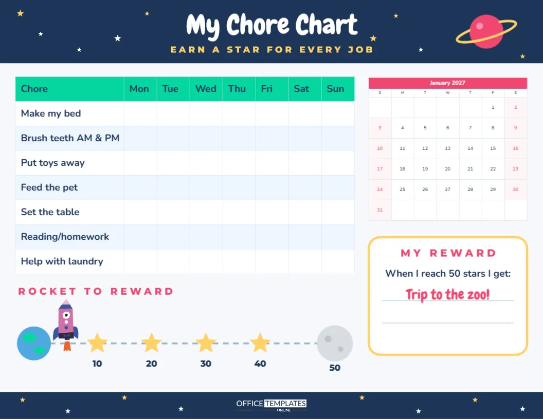 Kids Chore Chart and Reward Calendar with a Rocket Star Tracker – free editable Calendar template