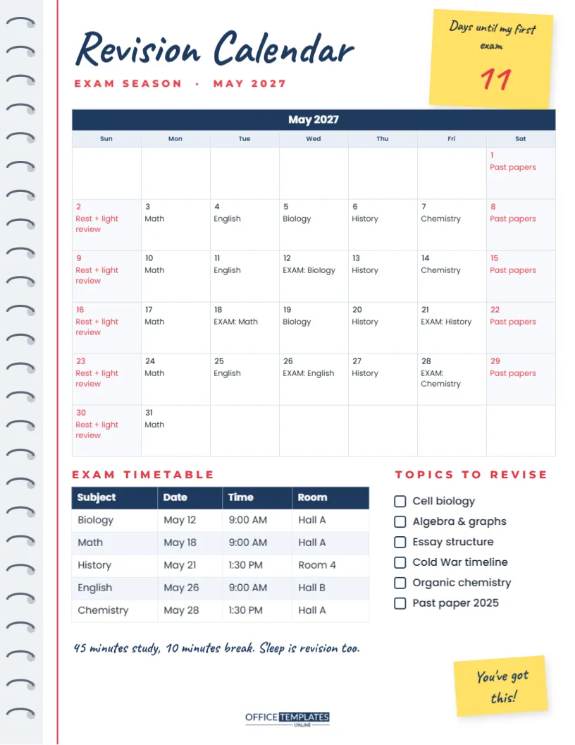 Exam Revision Calendar – Study Timetable with Subject Rotation – free editable Calendar template