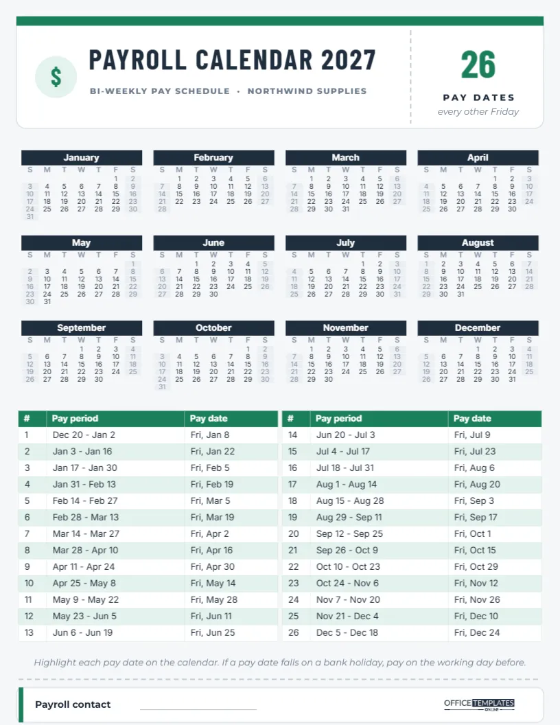 Biweekly Payroll Calendar 2027 with All 26 Pay Periods