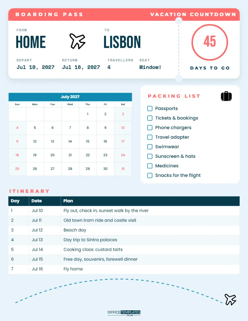 Vacation Countdown Calendar and Trip Planner with Packing List