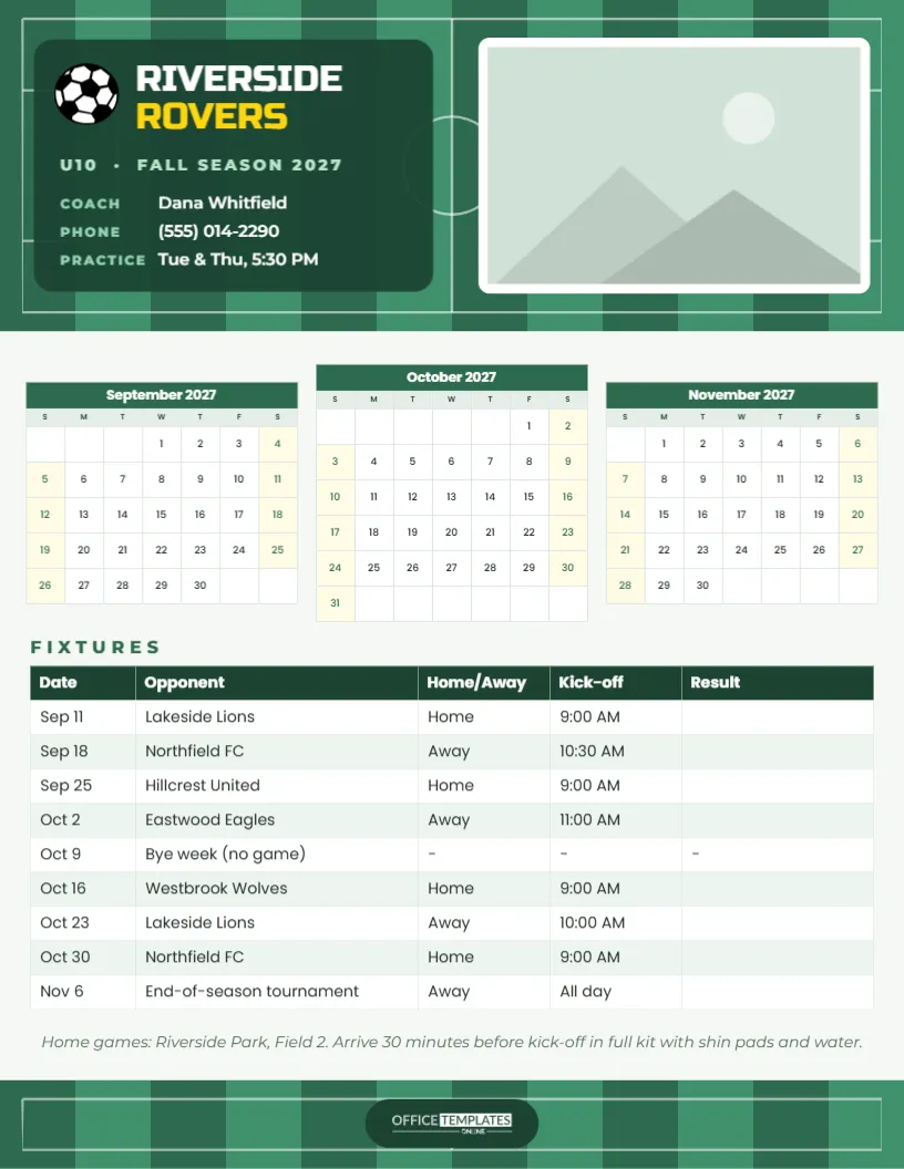 Sports Team Season Schedule Calendar with Fixtures and Team Photo – free editable Calendar template