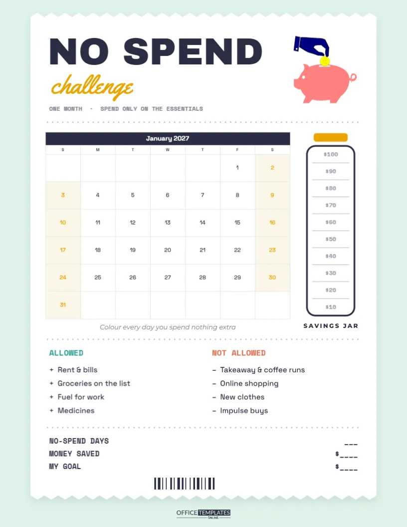 No Spend Challenge Calendar with Savings Jar Tracker – free editable Calendar template
