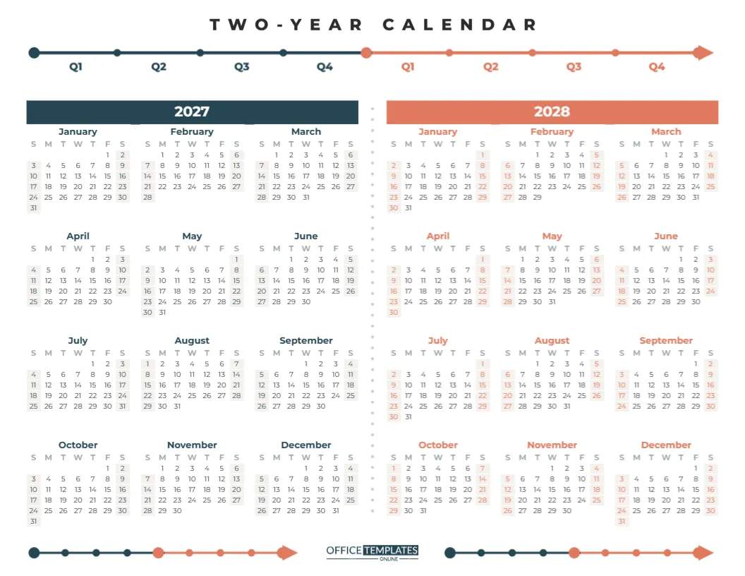 Two-Year Calendar 2027-2028 on One Landscape Page – free editable Calendar template