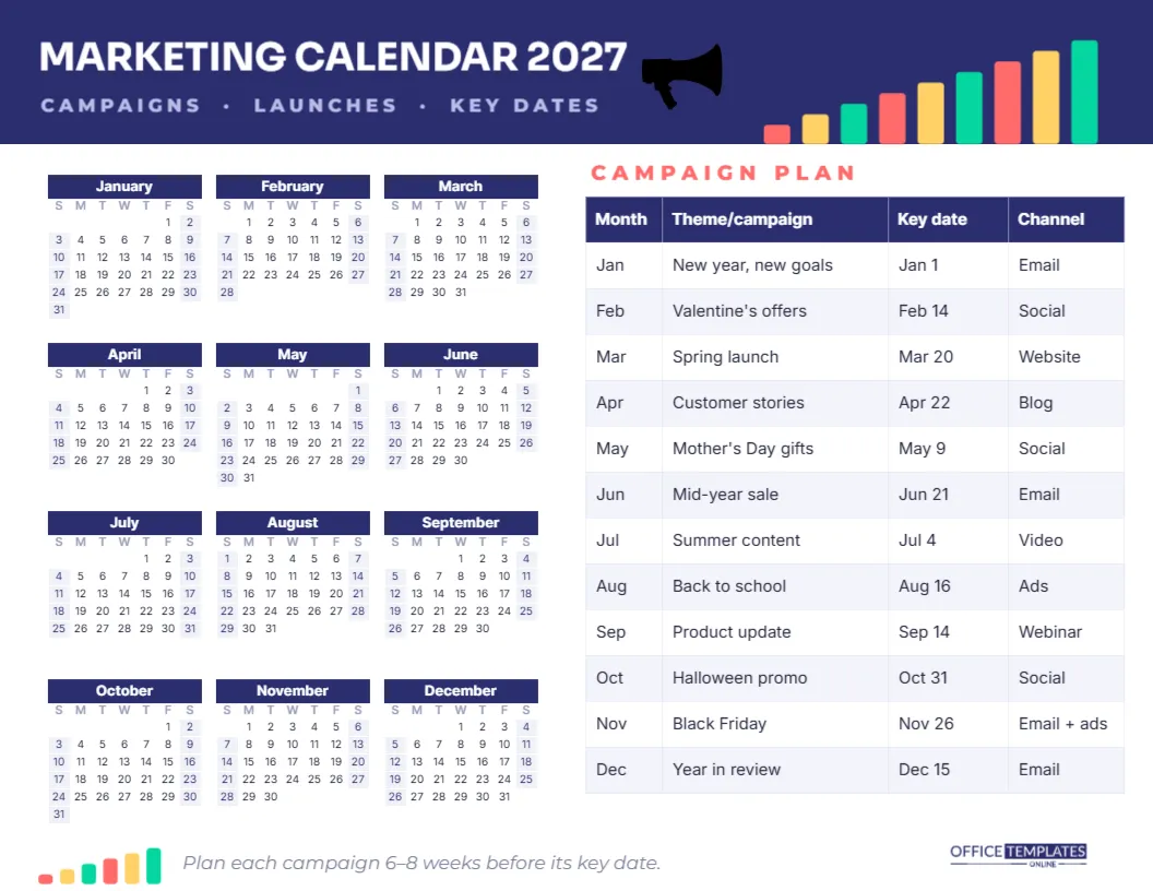 Marketing Calendar 2027 – Yearly Campaign Planner Template – free editable Calendar template