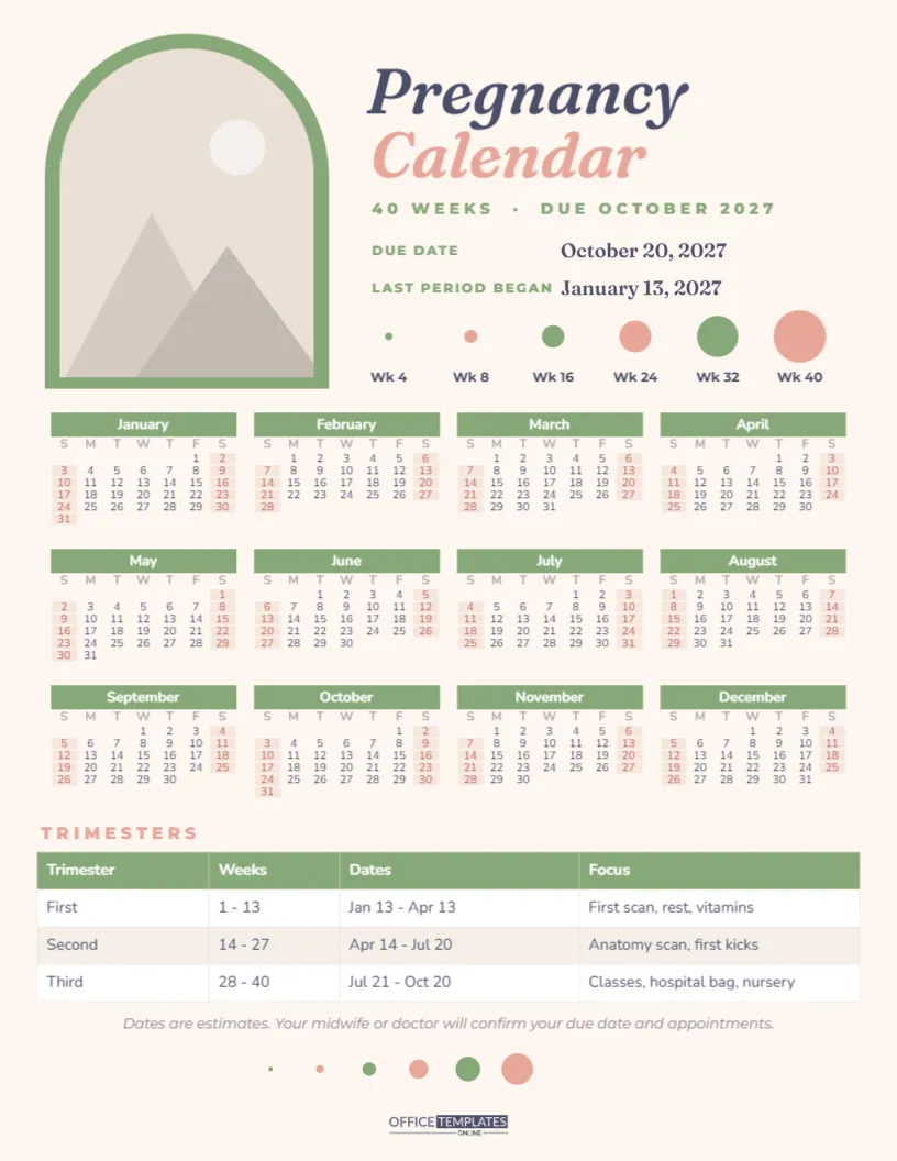 Pregnancy Calendar and Due Date Tracker with Trimester Dates – free editable Calendar template