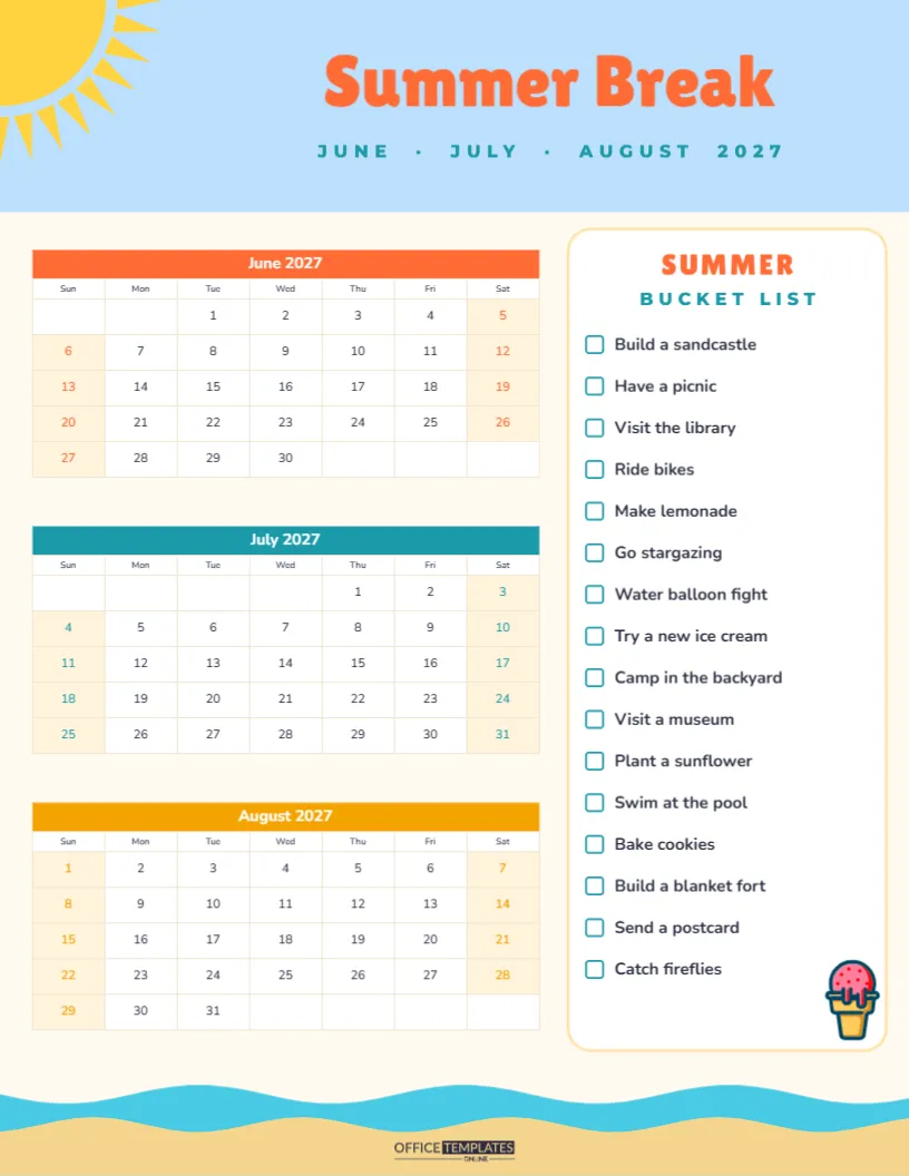Kids Summer Break Calendar 2027 with a Summer Bucket List – free editable Calendar template