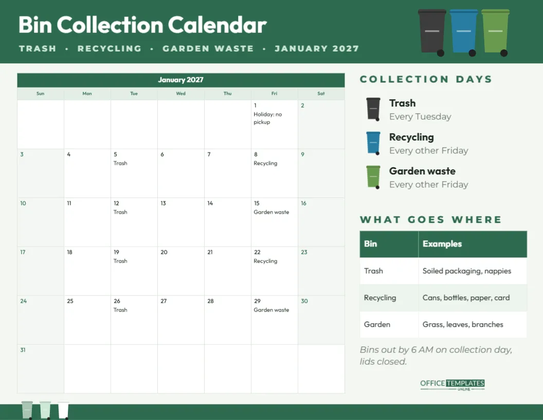 Bin Collection Calendar – Trash, Recycling and Garden Waste Days – free editable Calendar template