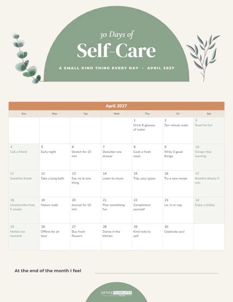 30-Day Self-Care Challenge Calendar with a Daily Idea – free editable Calendar template