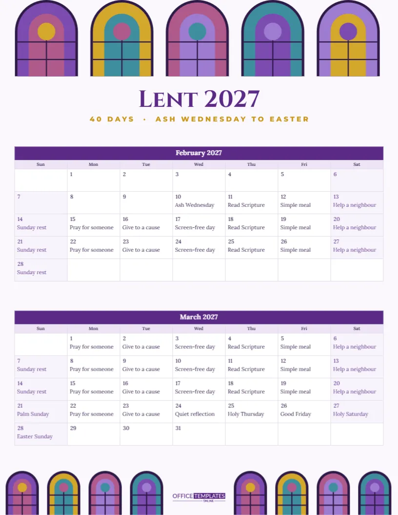 Lent Calendar 2027 – Daily Practice from Ash Wednesday to Easter – free editable Calendar template