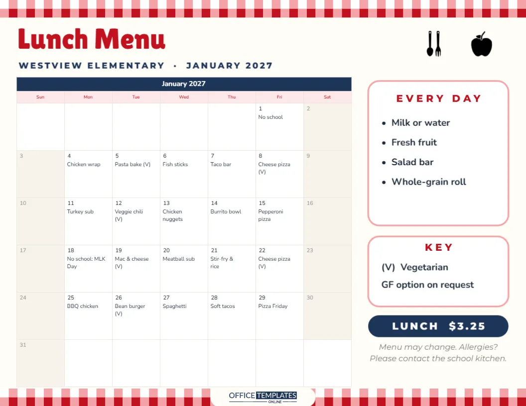 School Lunch Menu Calendar Template for the Month – free editable Calendar template