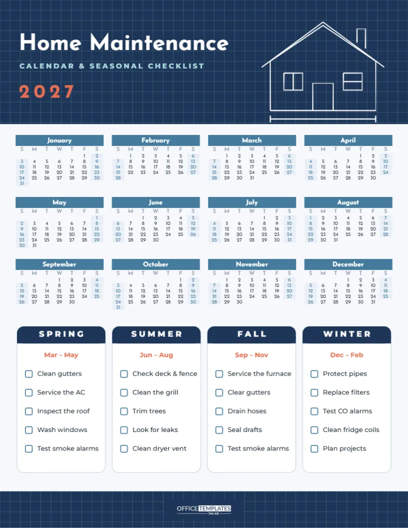 Home Maintenance Calendar 2027 with Seasonal Checklists – free editable Calendar template