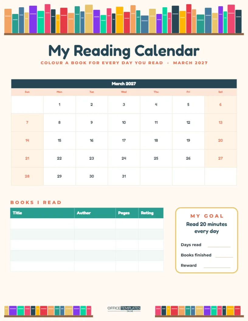 Kids Reading Log Calendar – Colour a Book for Every Day You Read