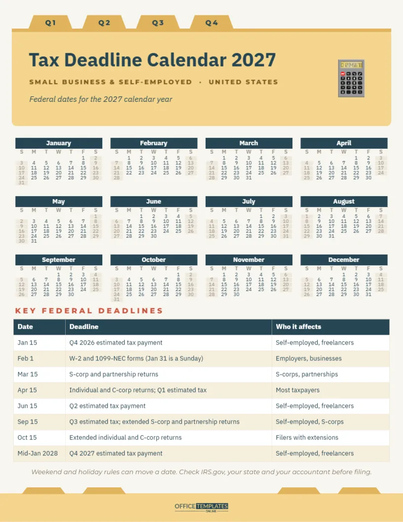 Small Business Tax Deadline Calendar 2027 – Key Federal Dates