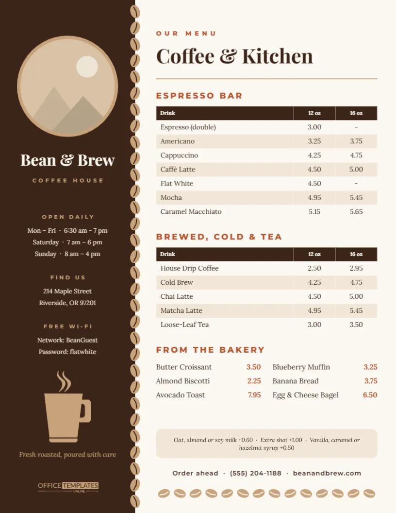 Coffee Shop Menu Template – Espresso Sidebar Café Menu with Price Tables