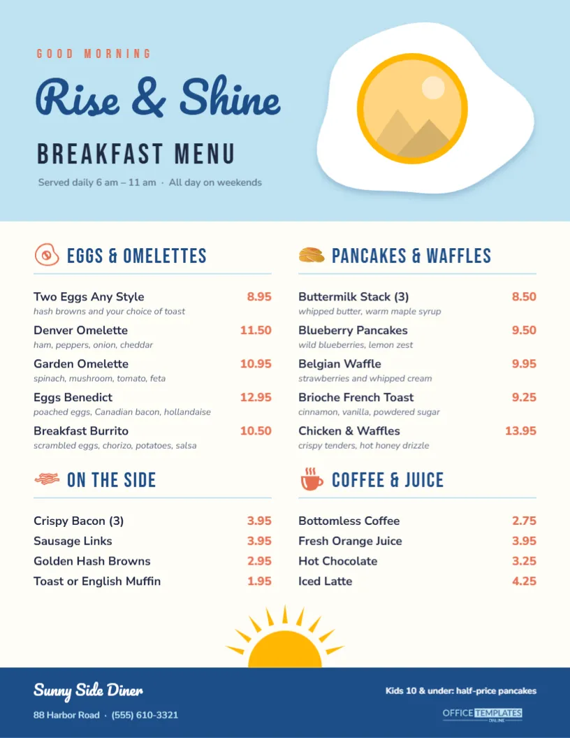 Breakfast Menu Template – Rise & Shine Diner Menu with Fried Egg Photo